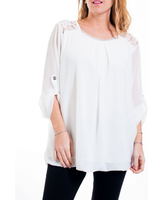 GRANDE TAILLE BLOUSE DENTELLE ET STRASS 4515 BLANC