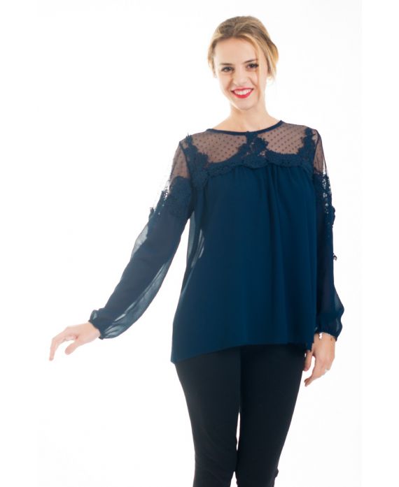 BLOUSE EMPIECEMENT DENTELLE 4529 BLEU MARINE