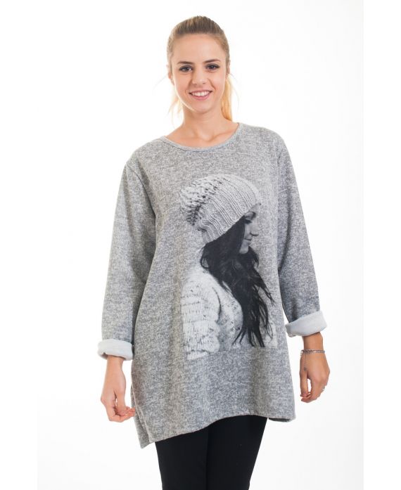 PULL TUNIQUE IMPRIME FEMME 4540 GRIS