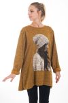 PULL TUNIQUE IMPRIME FEMME 4540 MOUTARDE