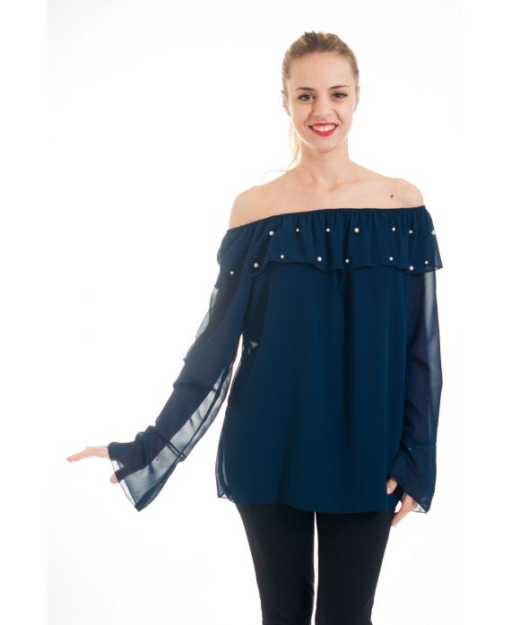 BLOUSE ENCOLURE PERLES 4527 BLEU MARINE