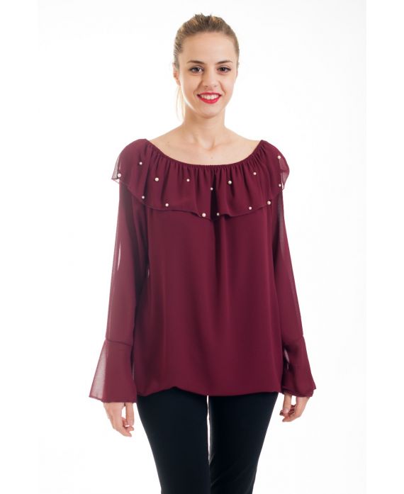 BLOUSE ENCOLURE PERLES 4527 BORDEAUX