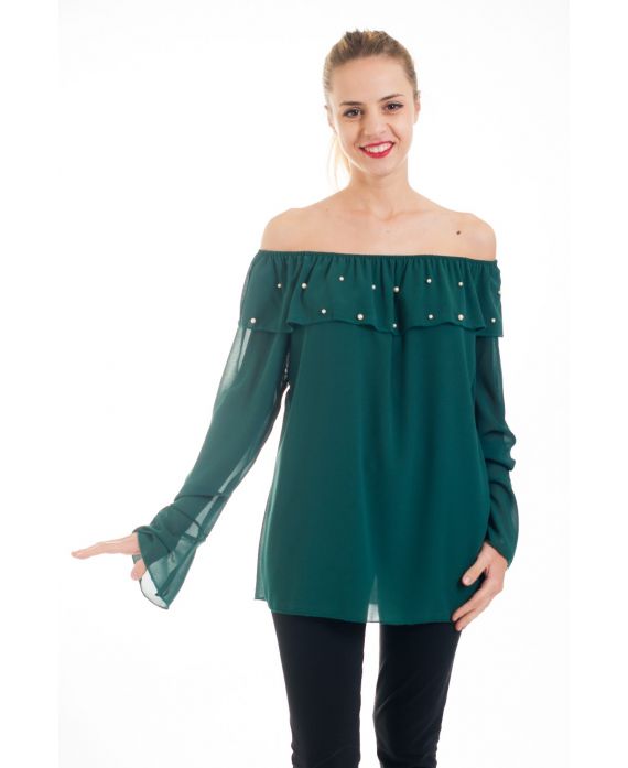 BLOUSE ENCOLURE PERLES 4527 VERT MILITAIRE