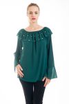 BLOUSE ENCOLURE PERLES 4527 VERT MILITAIRE