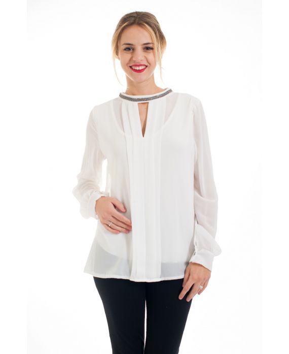 BLOUSE ENCOLURE STRASS 4536 BLANC