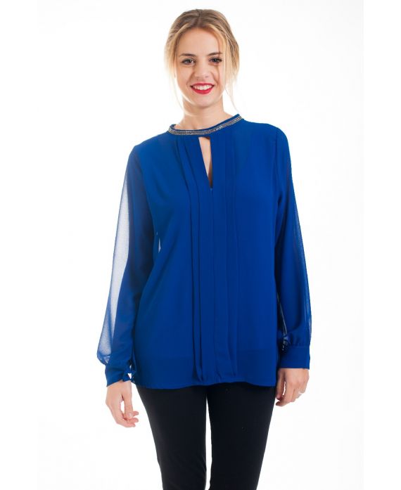 BLOUSE ENCOLURE STRASS 4536 BLEU ROYAL