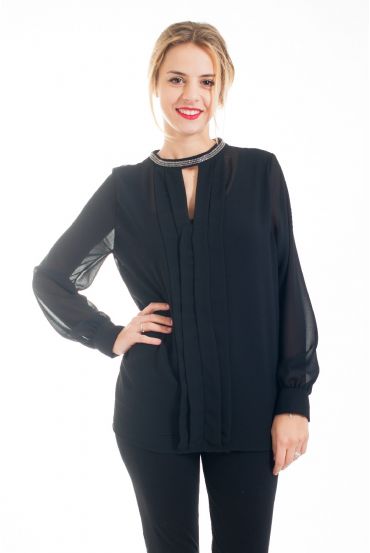 BLOUSE ENCOLURE STRASS 4536 NOIR