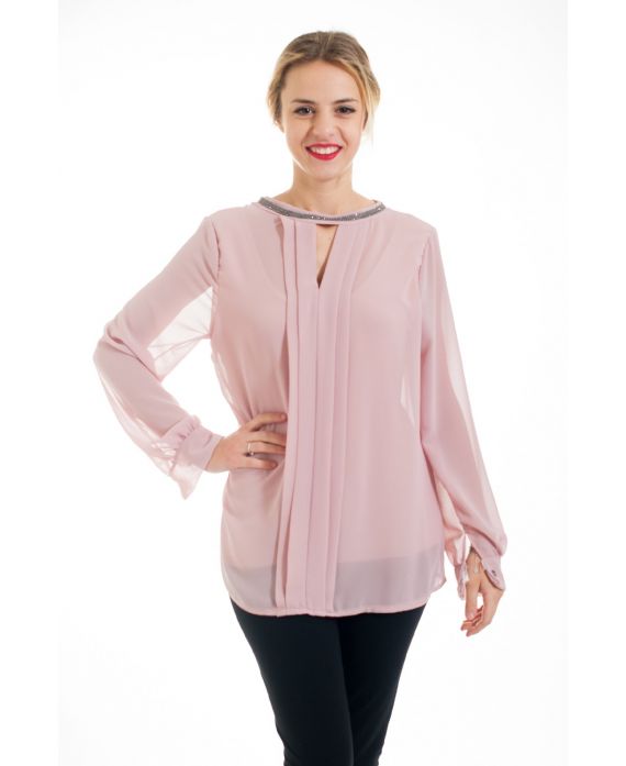 BLOUSE HEEFT EEN V-HALS STRASS 4536 ROZE