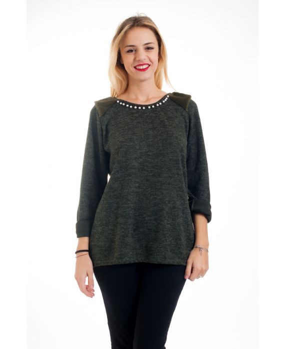 PULL PERLES ET FAUSSE FOURRURE 4566 VERT MILITAIRE