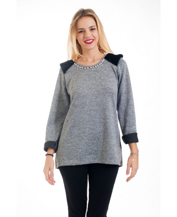 PULLOVER PERLEN UND FAUX PELZ 4566 GRAU