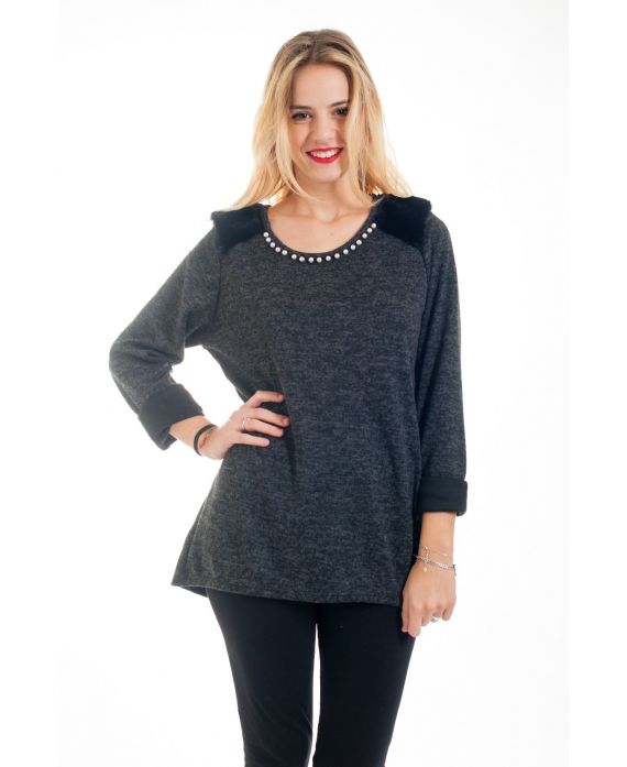 PULL PERLES ET FAUSSE FOURRURE 4566 NOIR