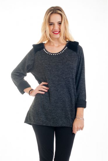 PULLOVER PERLEN UND FAUX PELZ 4566 SCHWARZ