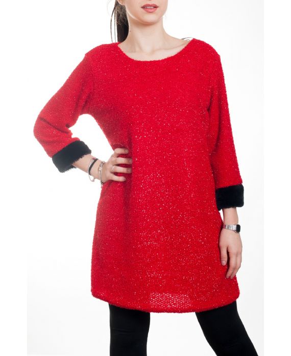 ROBE EFFET BRILLANT FAUSSE FOURRURE 4575 ROUGE