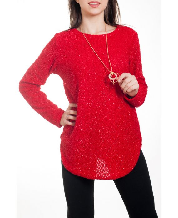 PULLOVER MIT GLANZ-EFFEKT + HALSKETTE ROT 4577