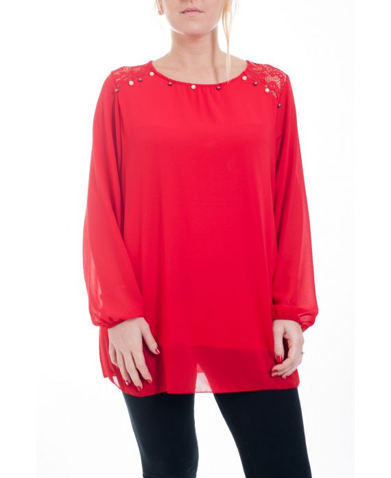 GROOT FORMAAT BLOUSE KANT EN PARELS 4596 ROOD