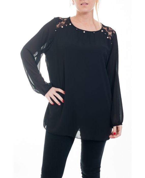 GROOT FORMAAT BLOUSE KANT EN PARELS 4596 ZWART