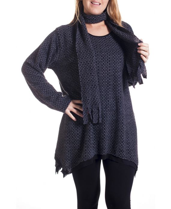 GRANDE TAILLE PULL TUNIQUE + ECHARPE 4297 GRIS