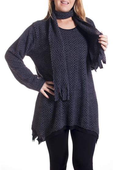 GRANDE TAILLE PULL TUNIQUE + ECHARPE 4297 GRIS