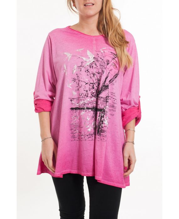 GRANDE TAILLE T-SHIRT FLOCAGE 5079 FUSHIA