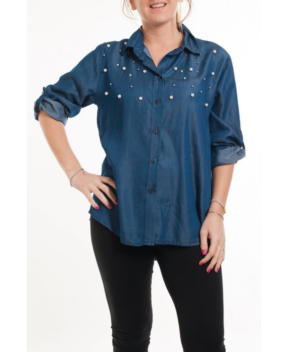 DI GRANDI DIMENSIONI CAMICIA EFFETTO JEANS PERLINE 5096 BLU