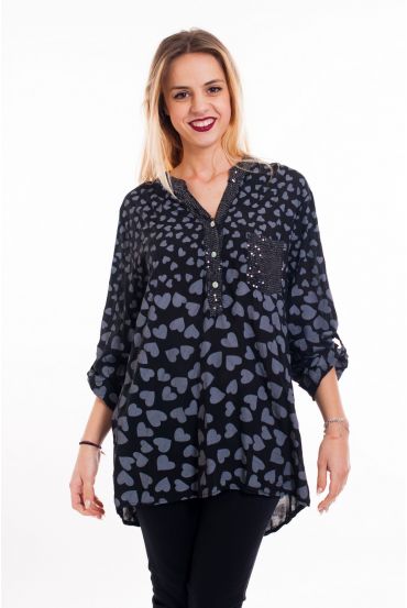 BLOUSE PRINT PAILLETTEN 5091 ZWART