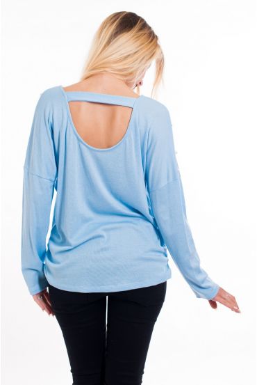 T-SHIRT BEADED OPEN BACK 6011 AZURE BLUE