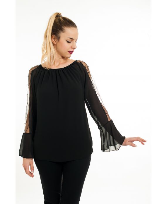 BLOUSE MOUWEN KRALEN 5069 ZWART