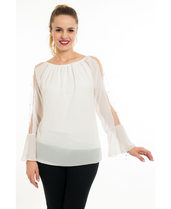 KURZÄRMELIGE BLUSE PERLEN 5069 WEIß