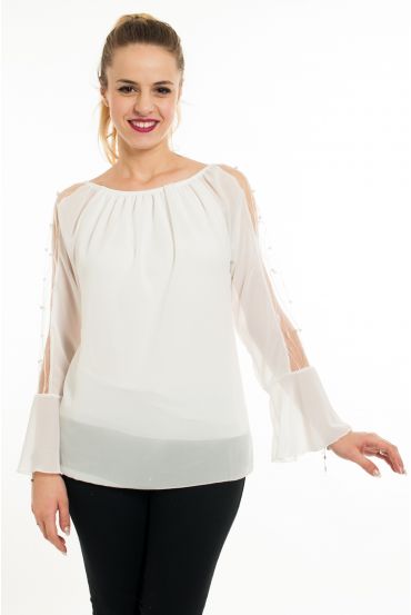 KURZÄRMELIGE BLUSE PERLEN 5069 WEIß