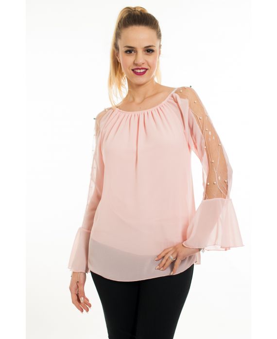 KURZÄRMELIGE BLUSE PERLEN 5069 ROSA