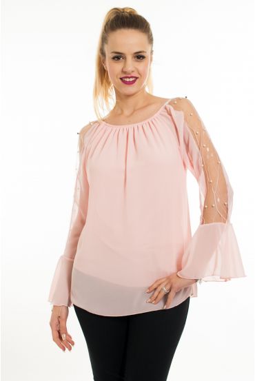 KURZÄRMELIGE BLUSE PERLEN 5069 ROSA