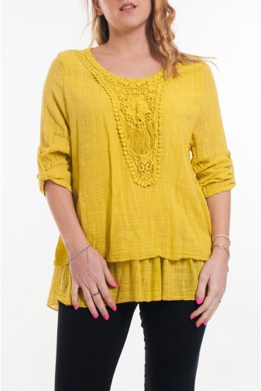 GRANDE TAILLE TUNIQUE ENCOLURE FANTAISIE 6028 JAUNE