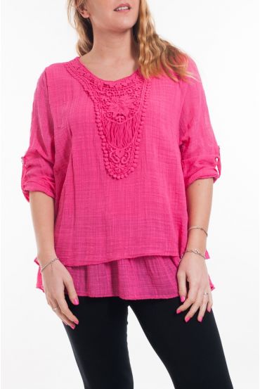 GRANDE TAILLE TUNIQUE ENCOLURE FANTAISIE 6028 FUSHIA