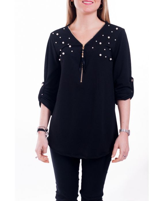 T-SHIRT ZIPPE PERLES 6038 NOIR