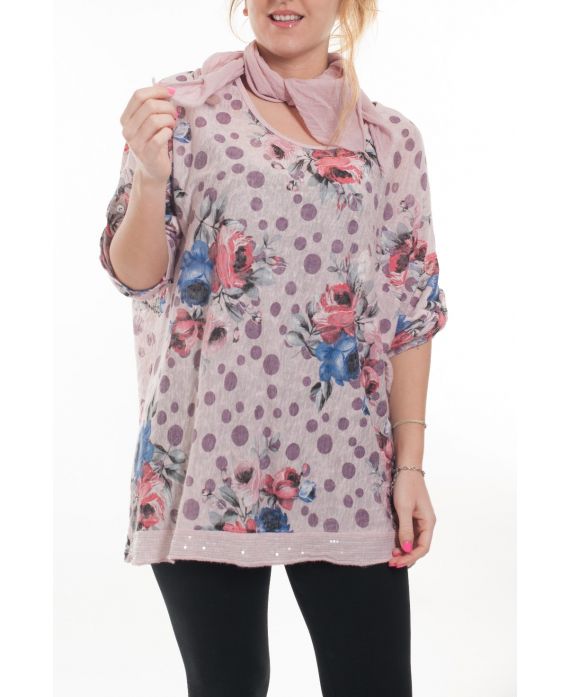 GRANDE TAILLE T-SHIRT + FOULARD 6020 ROSE