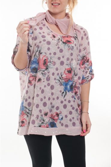 GRANDE TAILLE T-SHIRT + FOULARD 6020 ROSE