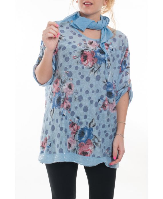 GRANDE TAILLE T-SHIRT + FOULARD 6020 BLEU