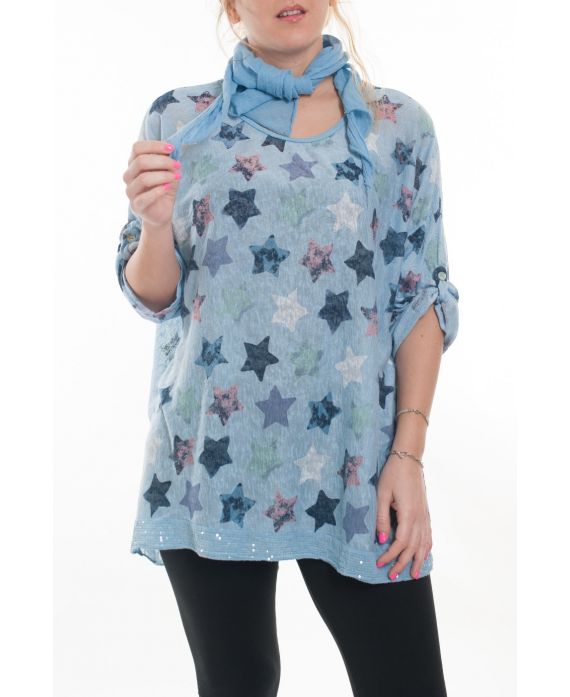 GRANDE TAILLE T-SHIRT + FOULARD 6021 BLEU