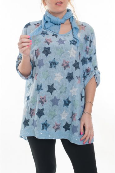 GRANDE TAILLE T-SHIRT + FOULARD 6021 BLEU