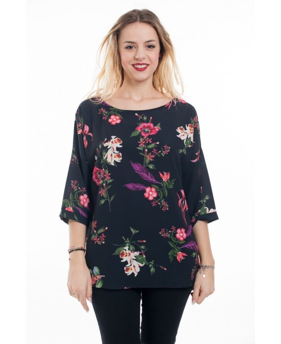 BLOUSE FLEURS DOS BOUTONS 6036 NOIR