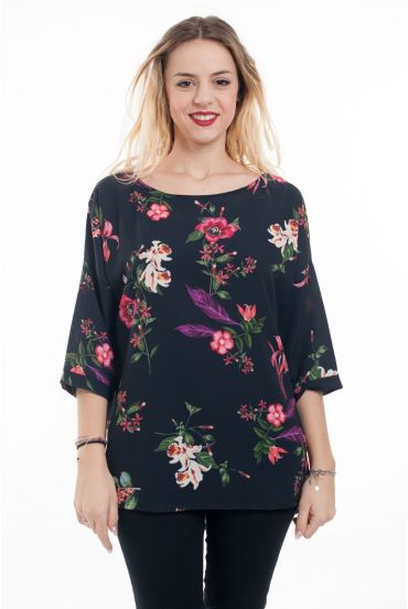 BLOUSE FLEURS DOS BOUTONS 6036 NOIR