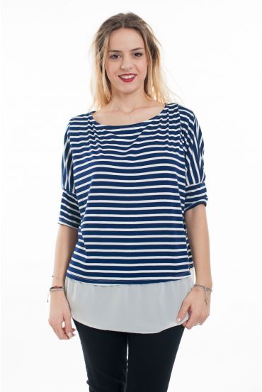 T-SHIRT RAYE BI-MATIERE 6060 MARINE