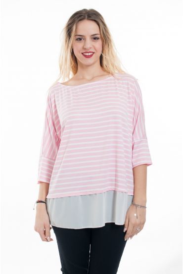 T-SHIRT RAYE BI-MATERIE 6060 ROZE