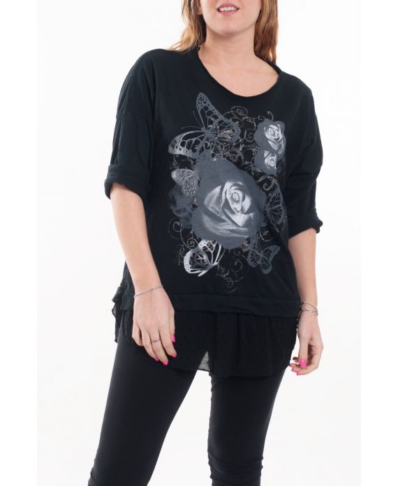 GRANDE TAILLE T-SHIRT IMPRIME BI-MATIERE 6066 NOIR