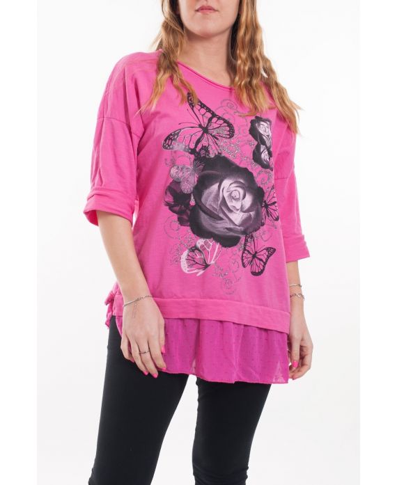 DI GRANDI DIMENSIONI T-SHIRT STAMPA BI-MATERIA 6066 FUSHIA