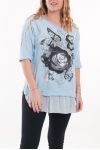 GRANDE TAILLE T-SHIRT IMPRIME BI-MATIERE 6066 BLEU