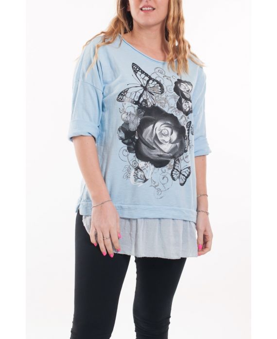 GROTE MAAT T-SHIRT PRINTS BI-MATERIE 6066 BLAUW