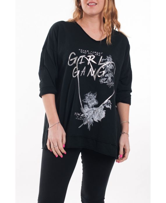 GRANDE TAILLE T-SHIRT FLOCAGE GIRL 6067 NOIR