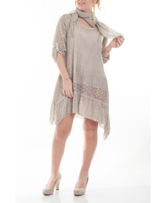 GRANDE TAILLE ENSEMBLE ROBE TUNIQUE + FOULARD 6070 BEIGE