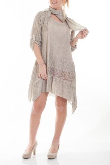 LARGE SIZE SET TUNIC DRESS + SCARF 6070 BEIGE